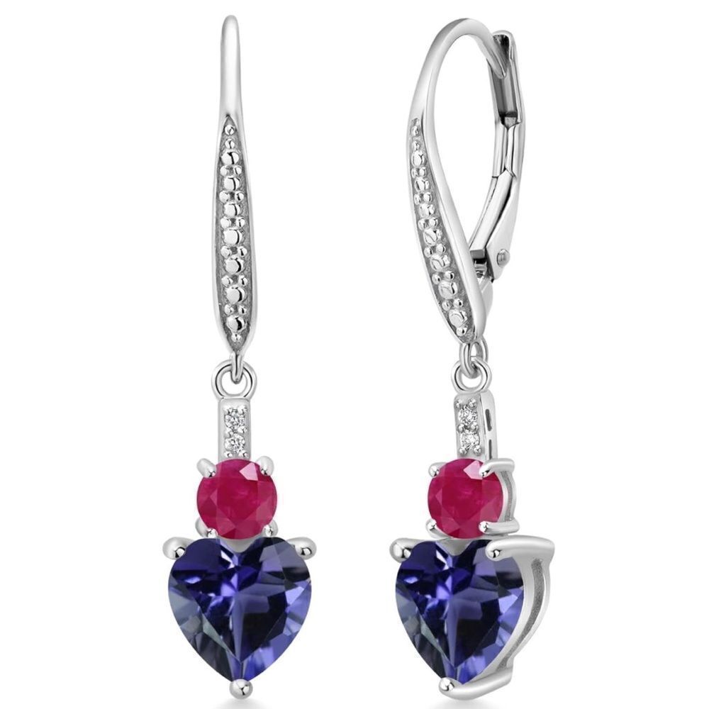 925 Sterling Silver with 2.41 Cttw Blue Iolite and Ruby Heart Drop Earrings